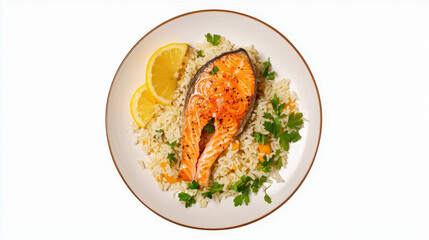 Gourmet salmon steak with rice pilaf garnished with lemon and parsley for culinary inspiration