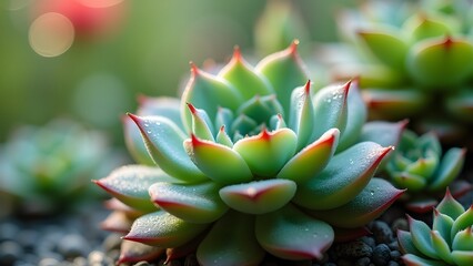 Fototapeta premium Close-up of a vibrant echeveria succulent with water droplets, showcasing its detailed texture and fresh growth in a serene garden