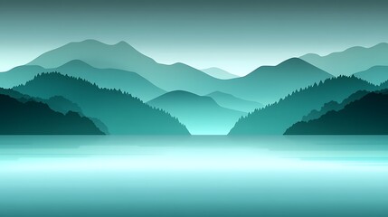Serene Teal Mountain Lake: Digital Landscape Illustration at Dawn AI Generated