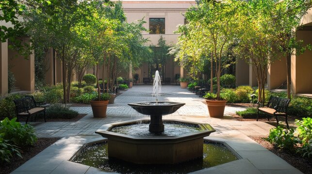 A museum courtyard with a tranquil fountain and seating areas