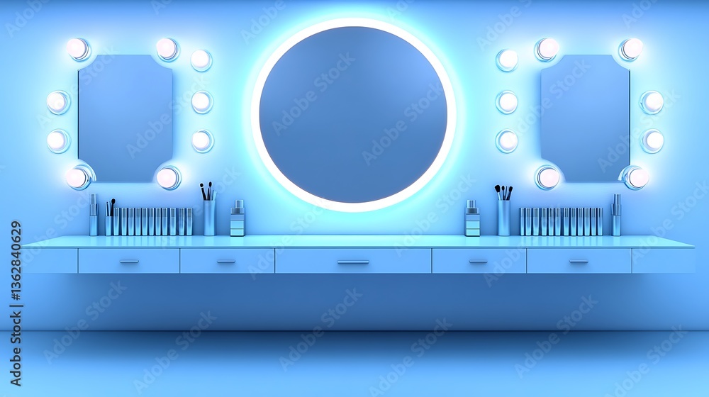 Poster vanity mirror with built-in lighting and shelf storage