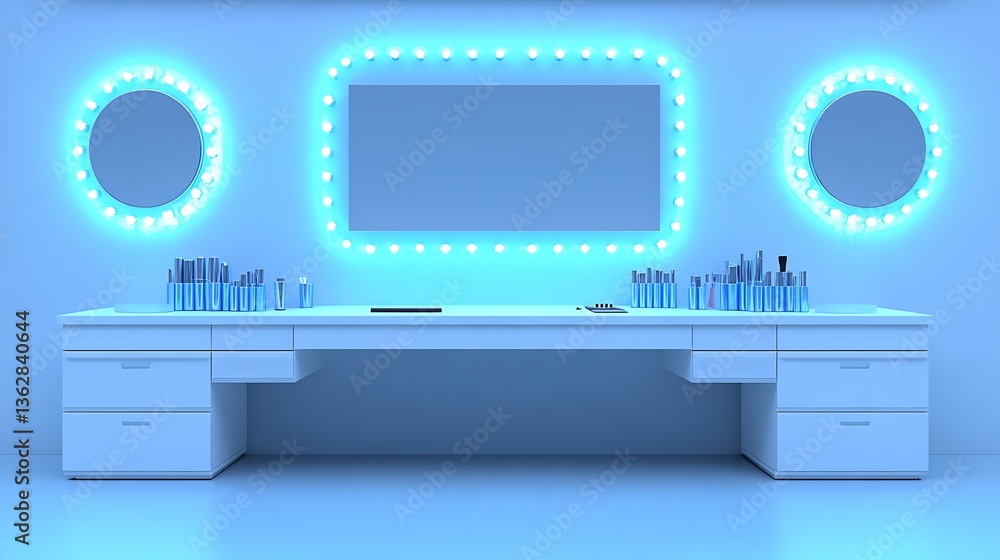 Poster vanity mirror with built-in lighting and shelf storage