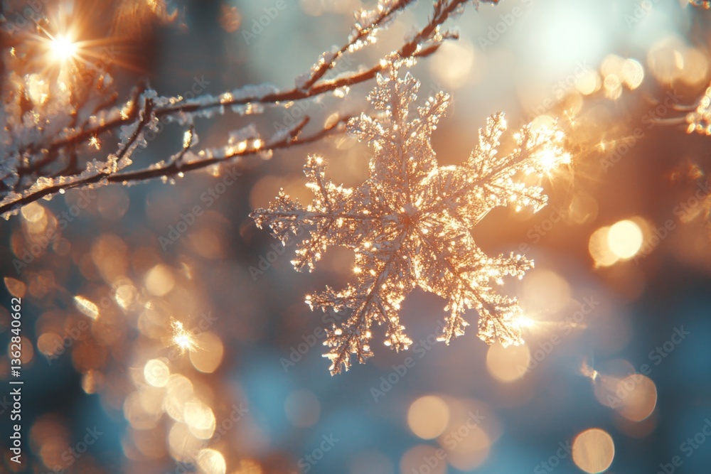 Poster intricate snowflake glistening in sunlight on a cold winter morning in a serene forest setting