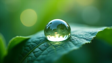 Water Drop on a Leaf: Macro Shot with a Clear Droplet Showing Reflected Environment