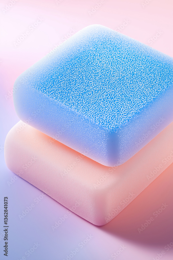 Poster soft sponges resting on a pastel background with relaxing tones and textures