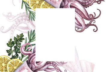 A frame with an image of squid and vegetables. A hand-drawn watercolor illustration. A color template with an image of seafood. For menus, recipes, packages, labels and invitation flyers.