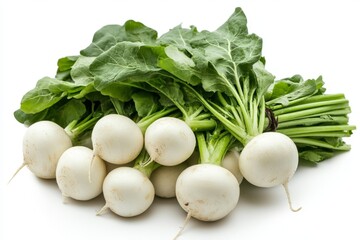 Fresh white radishes with green tops arranged on a white background showcasing their vibrant and healthy appearance