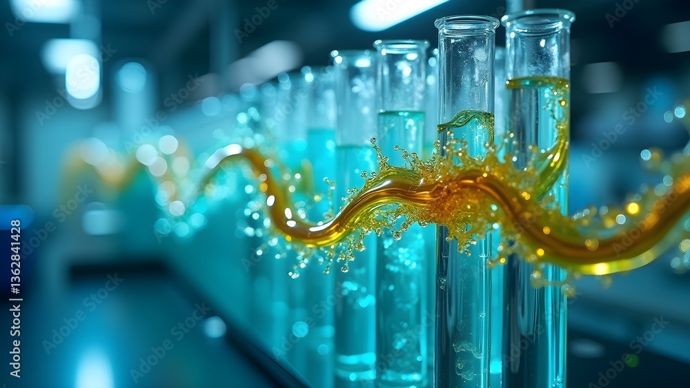 Poster fluid dynamics: golden liquid splash between science test tubes in lab