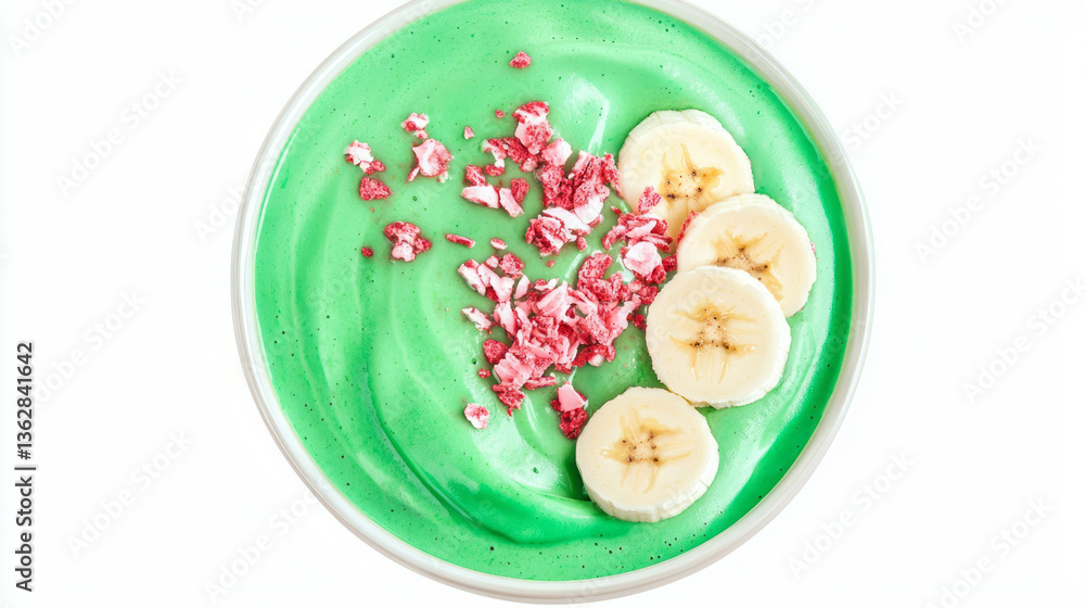 Poster delicious spirulina and banana smoothie bowl with strawberry toppings for a refreshing breakfast