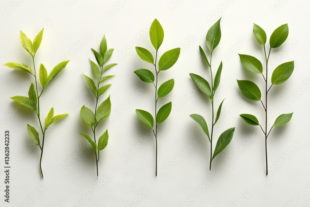 Poster Variety of green leaves displayed in a row on a light background showcasing their shapes and textures in natural light