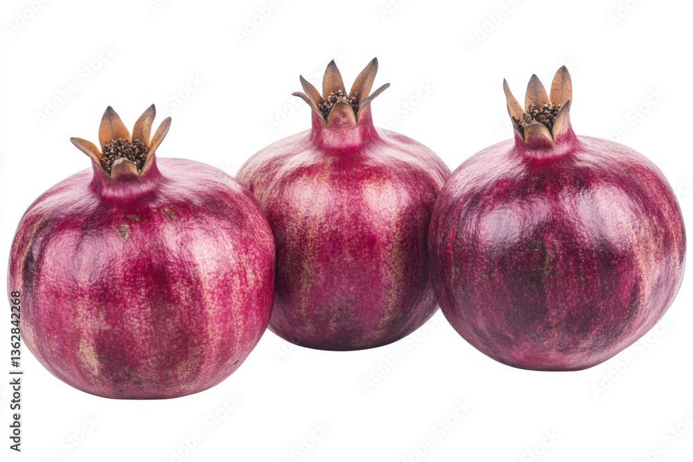 Poster fresh pomegranates displayed together on white background showcasing their rich color and unique tex