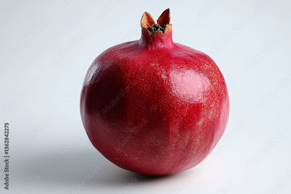 Poster fresh red pomegranate resting on a plain surface showcasing its vibrant color and shiny skin in natu