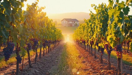 Naklejka premium A Scenic Vineyard at Sunset featuring Lush Grape Vines and Beautiful Nature All Around