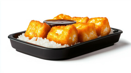 Delicious tofu nuggets with dipping sauce on rice - perfect vegan meal idea