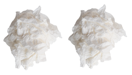 Top view set of screwed or crumpled white tissue paper ball isolated with clipping path in png file format