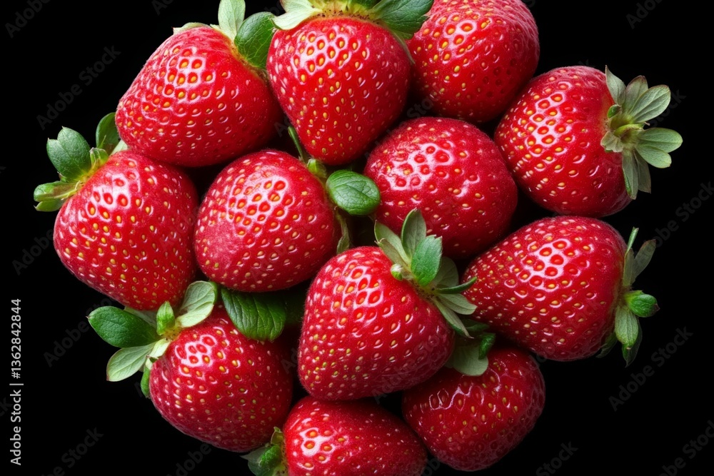 Poster Fresh strawberries arranged in a vibrant cluster on a dark background showcasing their rich color and texture
