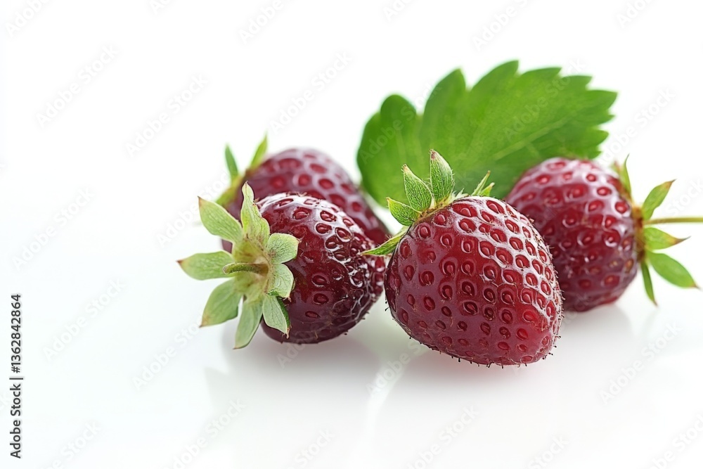 Poster fresh strawberries with vibrant green leaves on a white background highlighting their natural appeal