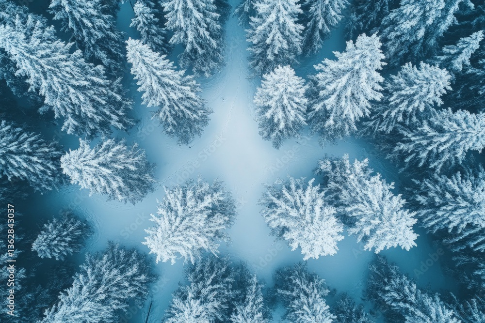 Poster Snow-covered evergreen forest captured from above during winter season with intricate patterns of frost and trees