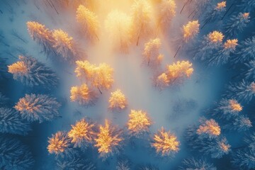 Winter forest illuminated by golden sunlight in a snowy landscape during early morning hours