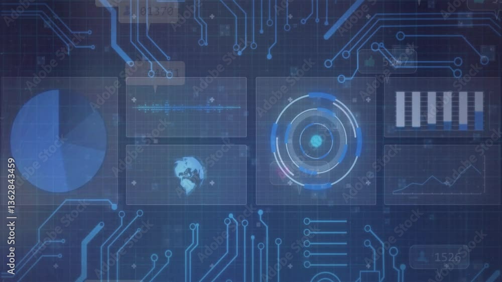 Poster animation of digital interface with data charts and global network in blue tones