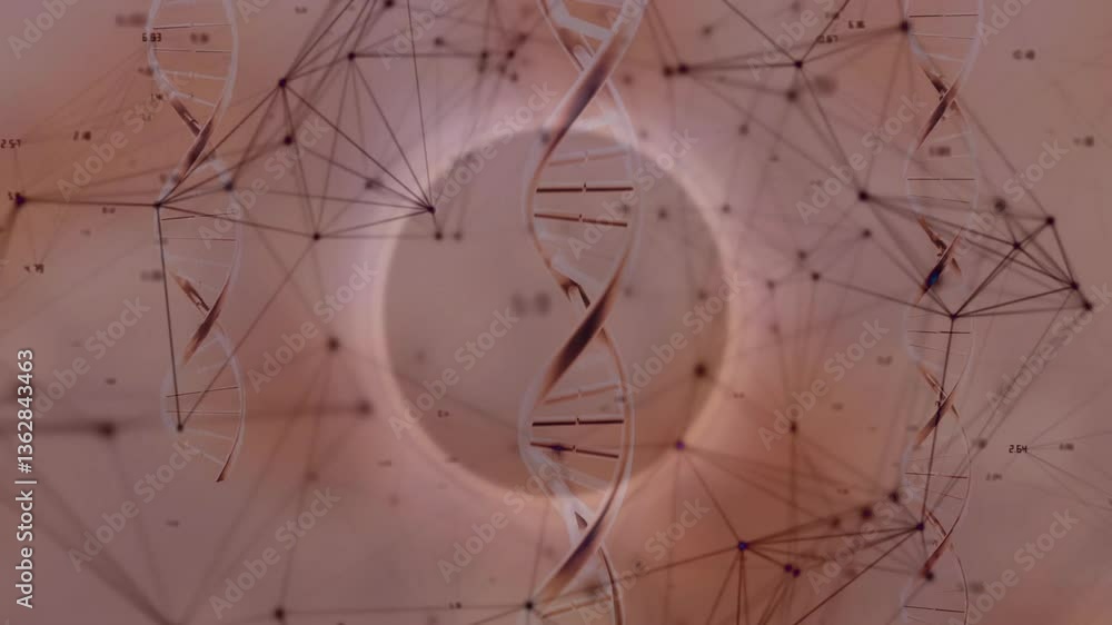 Poster animation of dna strands and network connections on abstract geometric background