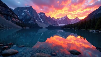 Crystal clear alpine lake mirrors fiery sunset hues, towering peaks , peak, adventure, panoramic