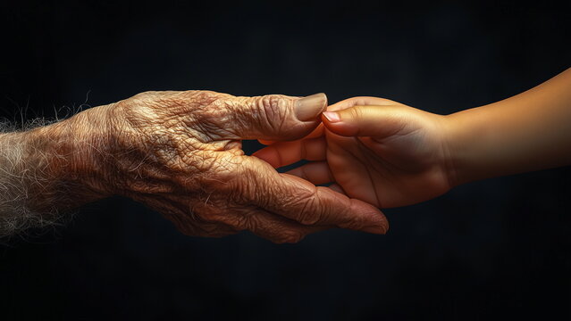 A wrinkled elderly hand gently holds a smooth, youthful hand, symbolizing connection and generational bond. The contrast highlights themes of love, care, wisdom, and family beyond generation.