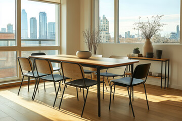 Fototapeta premium A bright and airy dining room with a light wood table, black chairs, and large windows offering a city view for a fresh and inviting atmosphere