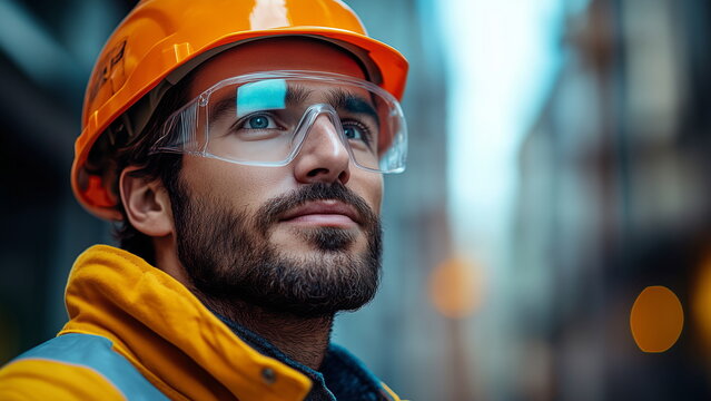 A constructor wears safety goggles, a helmet, and protective clothing while working on a construction site. The image highlights the importance of safety measures and protective gear in construction.