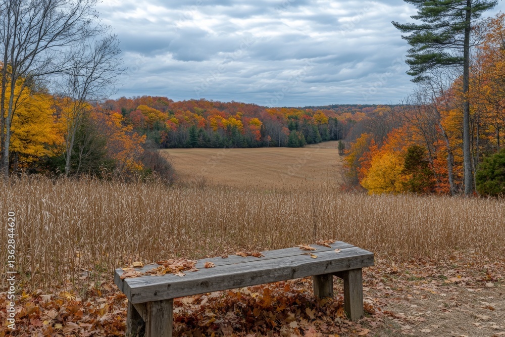 Poster scenic autumn view from a wooden bench overlooking a golden field and colorful foliage in a tranquil
