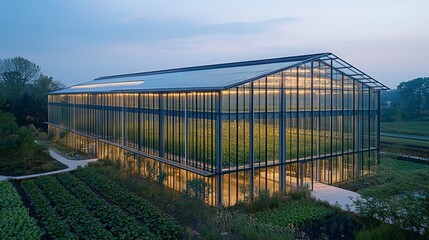 Fototapeta premium Modern Glass Greenhouse at Dusk with Illuminated Interior