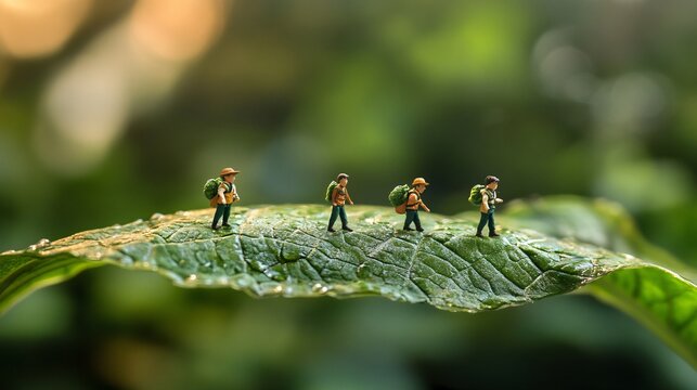 Lilliputian Adventurers: Tiny explorers trekking on oversized leaf in the wild