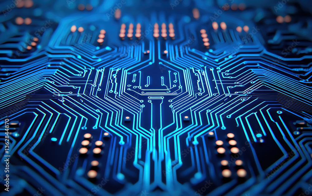 Poster futuristic blue digital circuit board background with intricate patterns and glowing elements, showc