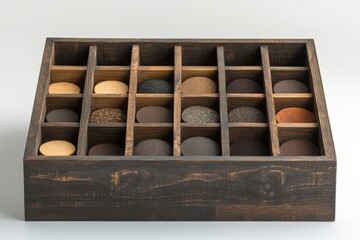 Decorative wooden box filled with assorted textured circles for sensory exploration in a calm environment