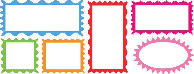 Scalloped edged frame, Zigzag wavy edges for text and photo. Color rectangle frames. Wiggle decoration, tag, vintage sticker. colorful graphic design.