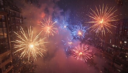 Fototapeta premium A Spectacular and Colorful Fireworks Display Lights Up the City Skyline in Celebration
