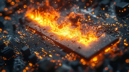 An electrical short circuit sparks on a circuit board with visible smoke, fire and damaged components, indicating malfunction or misuse in electronic systems. Importance of circuit protection. 
