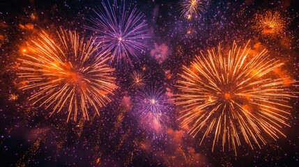 Vibrant fireworks explode against a dark night sky, creating a mesmerizing display of color and light. A stunning spectacle of orange and purple fireworks.