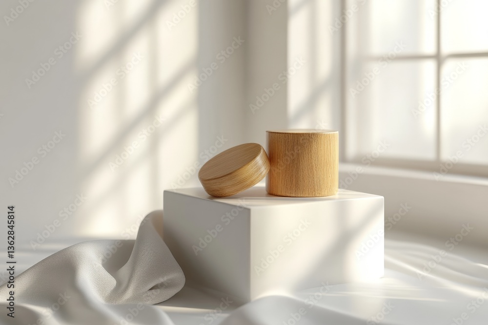 Aufkleber Elegant wooden container and lid placed on a minimalistic surface with soft sunlight streaming through a window