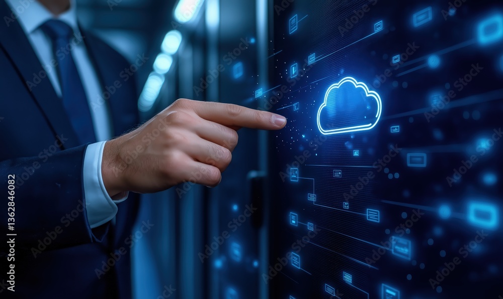 Poster a businessman interacts with a digital cloud interface, symbolizing cloud computing technology and d