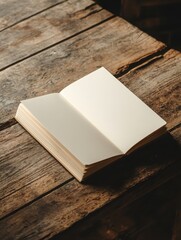 Fototapeta premium A5 book mockup, angled view of an open A5 book displaying blank pages, placed on a rustic wooden table, warm ambient lighting highlighting realistic textures and folds