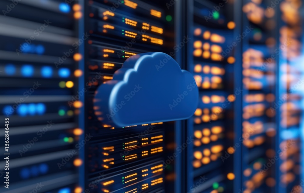 Poster a digital illustration of a cloud symbol against a backdrop of server racks, highlighting cloud comp
