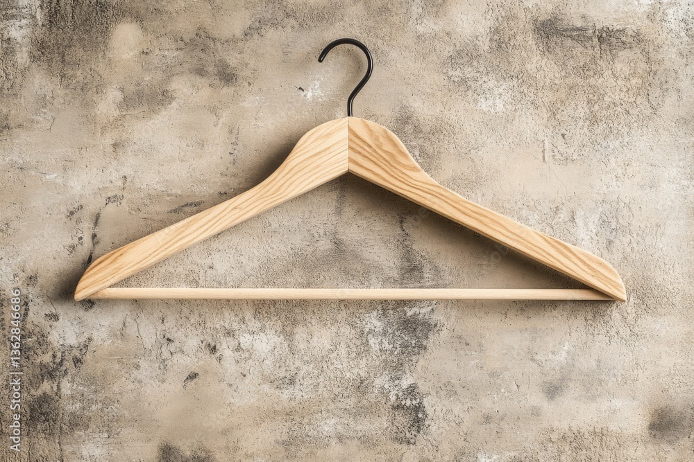 Aufkleber wooden hanger against a textured wall in a minimalist setting for organizing or displaying clothing 