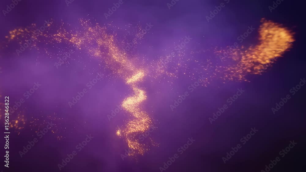 Poster abstract visualization of glowing particles swirling in a purple misty background, creating a dreamy