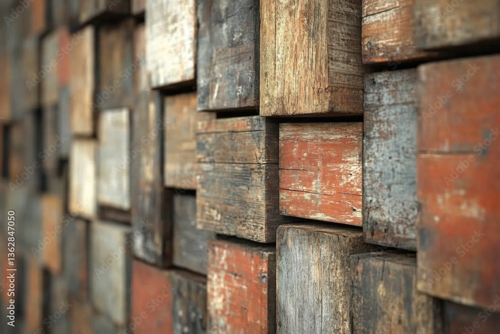 Poster Rustic wooden blocks arranged in an artistic pattern highlighting texture and color nuances in a creative interior design