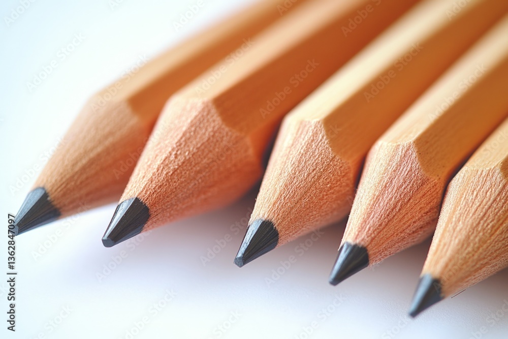 Poster Set of sharpened pencils lined up on a white surface displaying their wooden structure and graphite tips