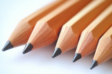 Obraz premium Set of sharpened pencils lined up on a white surface displaying their wooden structure and graphite tips