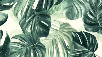 Overlapping tropical leaves in various shades of green tones adorn the surface