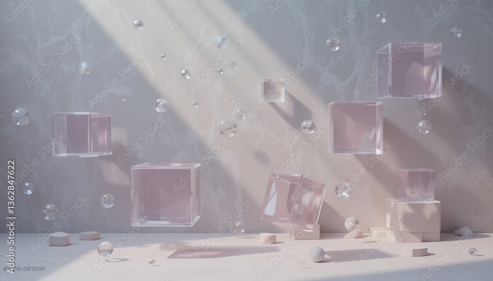 Poster Floating transparent cubes in ethereal light minimalist studio setting 3d render calm aesthetic abstract viewpoint visual harmony and balance