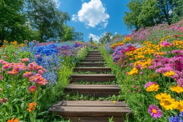 Vibrant flower garden with wooden stairs leading to a sunny sky in a serene natural setting